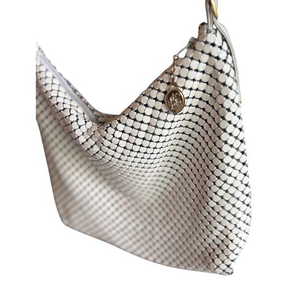 Whiting & Davis Metal Mesh Shoulder Bag Leather Strap Gold Charm 70s Y2K Disco - Picture 1 of 13